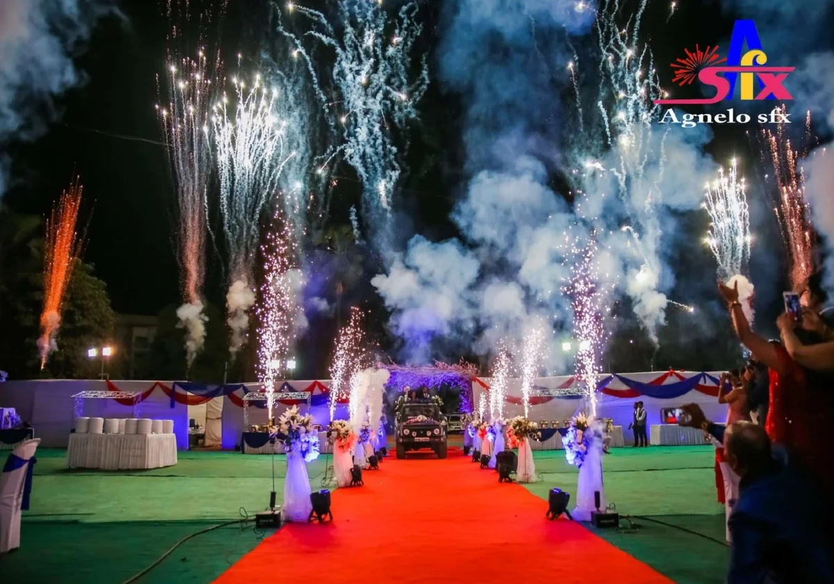 Spectacular fireworks display illuminating night sky at wedding reception