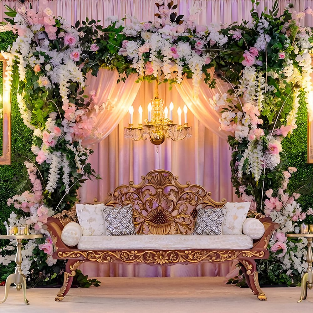 Floral mandap decoration with cascading flower arrangements and garlands